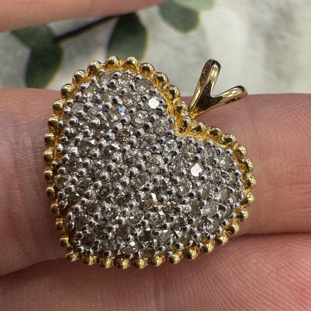 14K yellow gold and diamonds pavè heart Pendant 3.9g - Picture 8 of 15